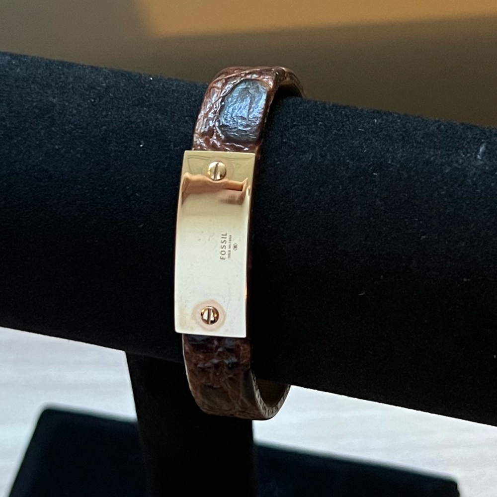 Fossil Rose Gold Steel & Croc Cuff Bracelet